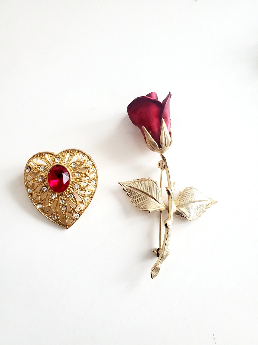 Gold-Tone Heart Brooch with Red Gem and Gold Rose Pin Set